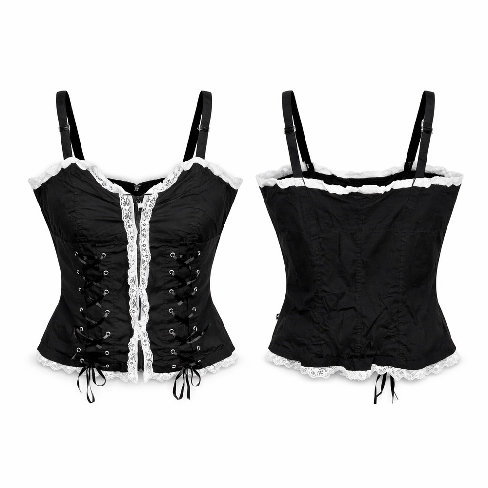 Royal Bones‎ by Daang Black Corset Top XXL Lace Zip Front Cotton Goth Punk